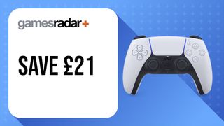 Sony PS5 DualSense controller on a blue background with price badge