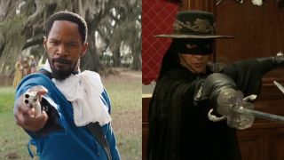 Jamie Foxx aims a pistol wearing blue velvet in Django Unchained, and a costumed Antonio Banderas aims his sword in The Legend of Zorro, pictured side by side.
