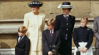 Diana, Princess of Wales with Prince Harry and Prince William, and Princess Anne and Zara Phillips outside St George's Chapel
