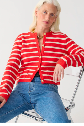 Red Color Trend | J.Crew Emilie Patch-Pocket Sweater Lady Jacket in Stripe