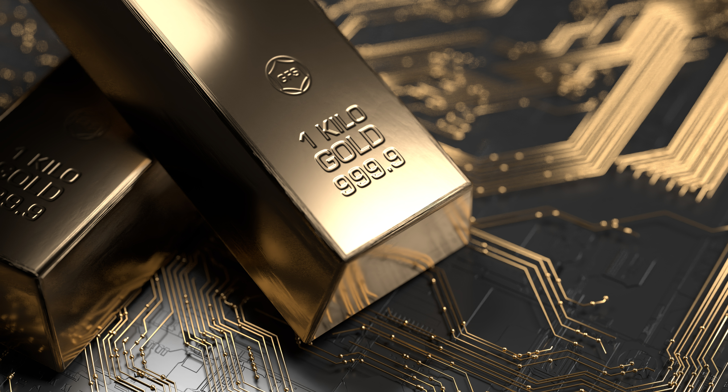 Gold bars on a circuitboard representing cryptocurrency (crypto)