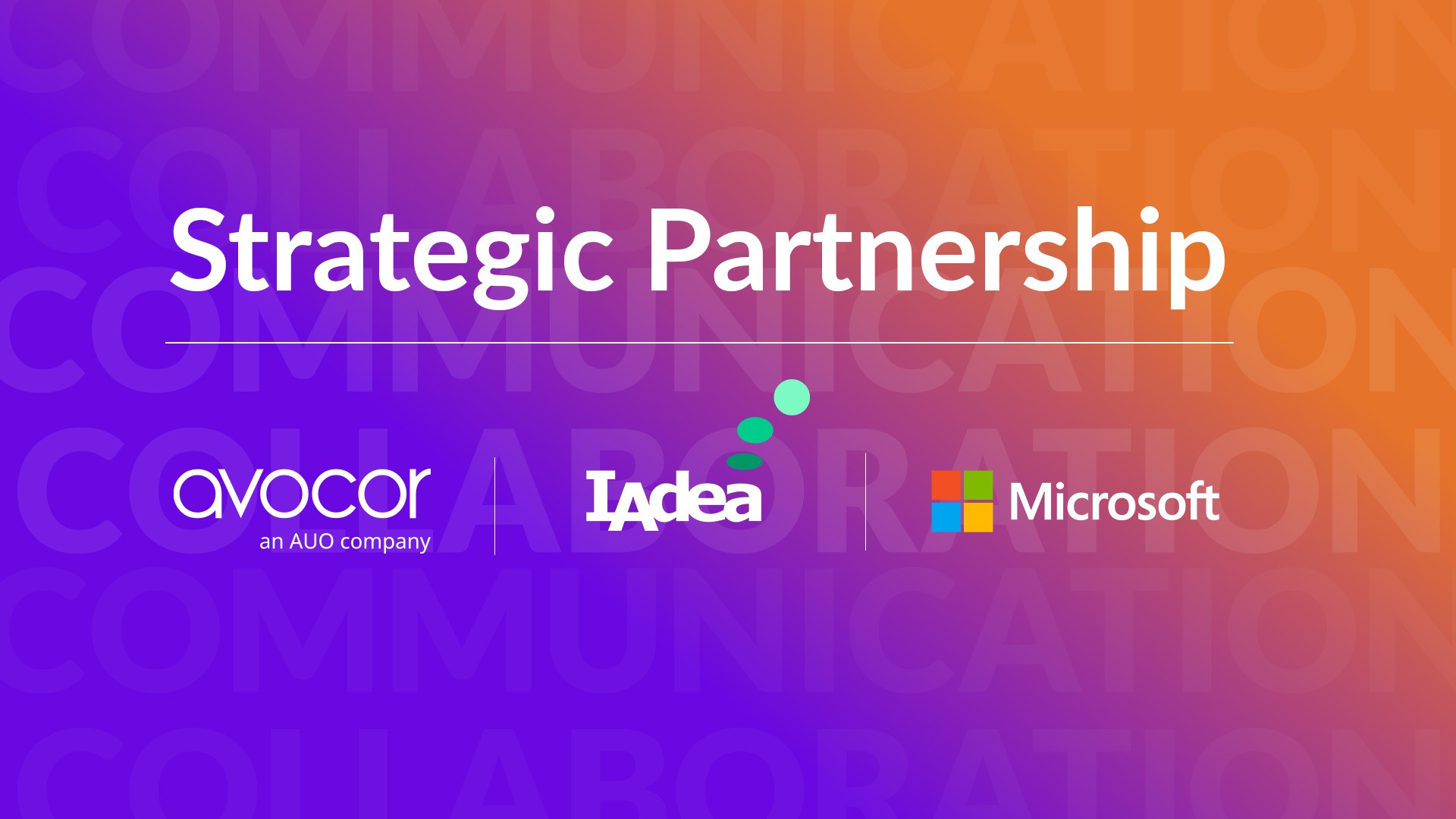 The strategic partnership announcement with the Avocor, IAdea, and Microsoft logos.