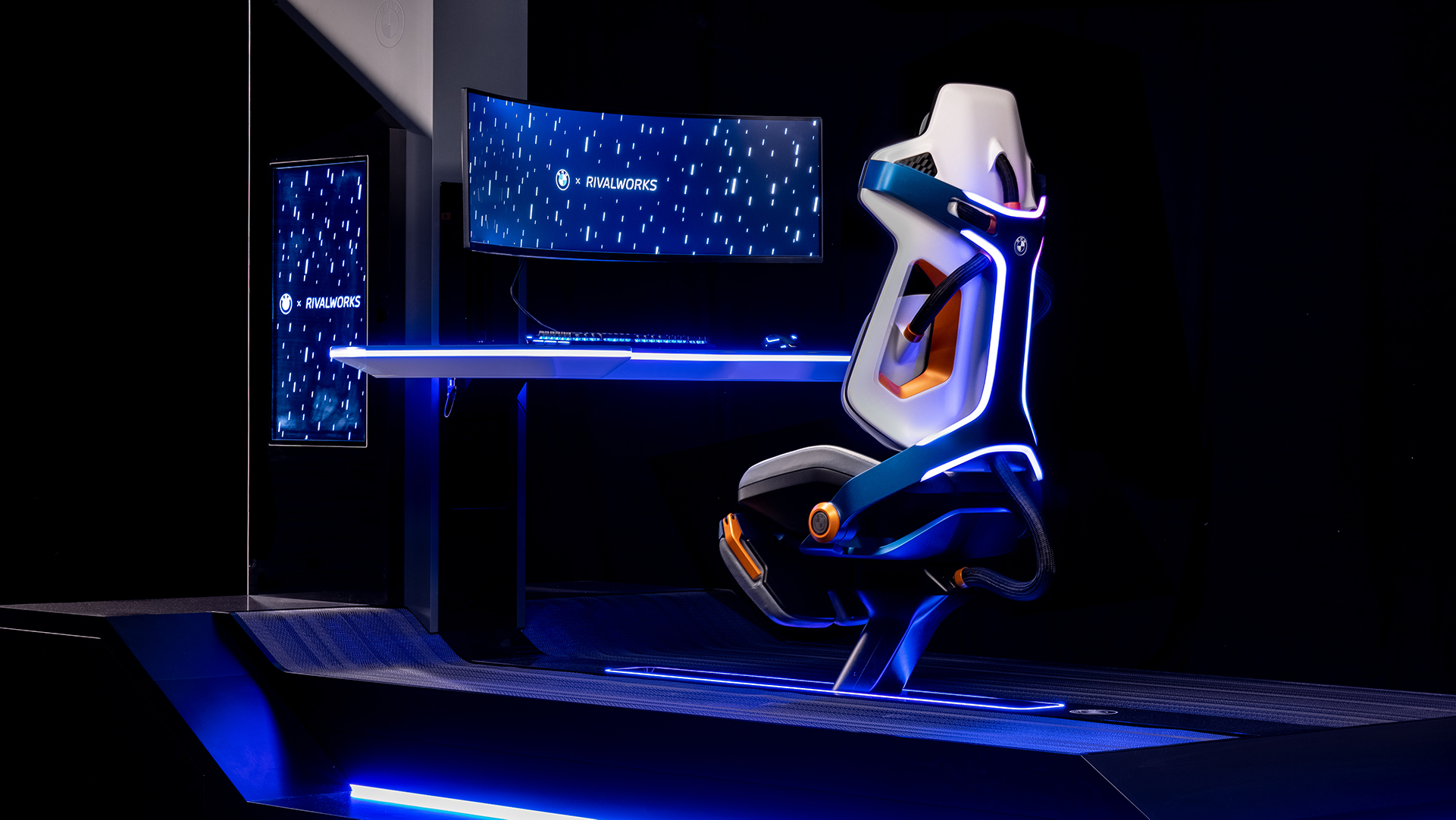 BMW Rivalworks The Rival Rig gaming chair concept from various angles on black background