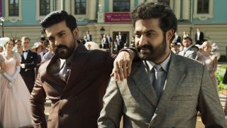 Ram Charan Teja leaning is arm on N.T. Rama Rao Jr.&#039;s shoulder in RRR