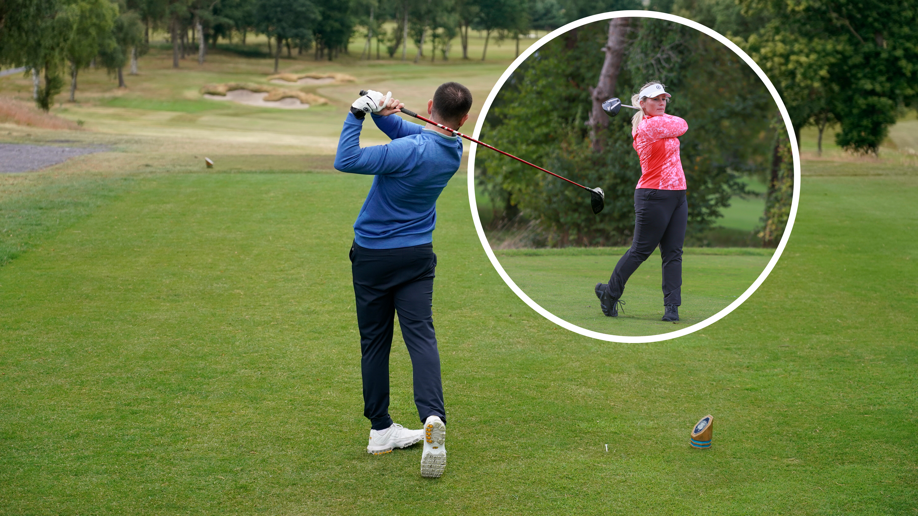 Baz Plummer and Carly Cummins, representing male and female amateur golfers, hitting tee shots with driver at their respective golf clubs