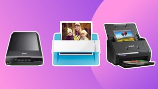 Three of the best photo scanners on a purple background