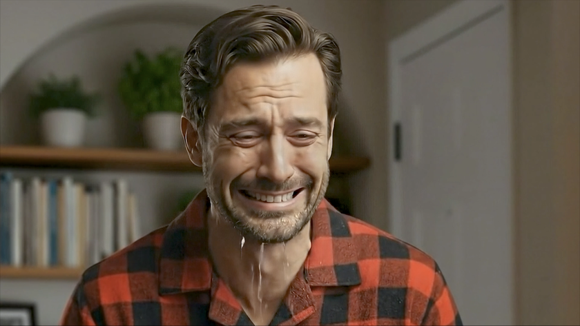 A man crying a lot from an AI-generated Christmas advert