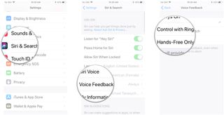 Keep Siri silent, showing how to tap Siri & Search, tap Voice Feedback, then tap an option
