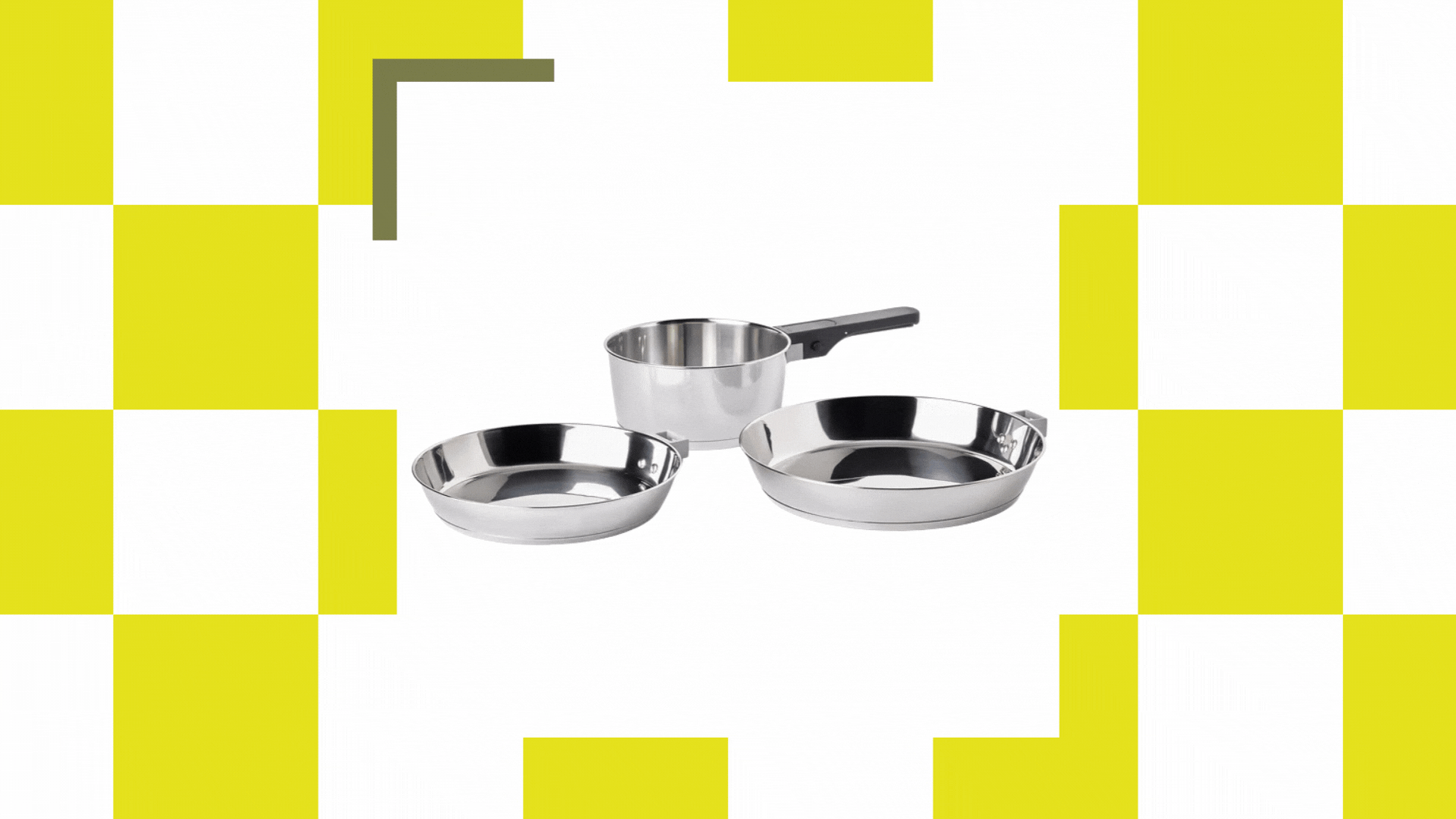 A GIF of a three-piece stainless steel cookware set with a detachable handle