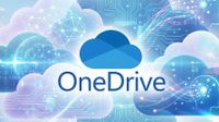 Microsoft OneDrive logo with clouds and artificial intelligence imagery