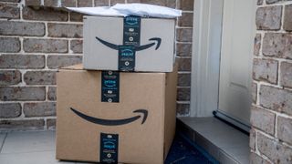 Two boxes from Amazon on a doorstep