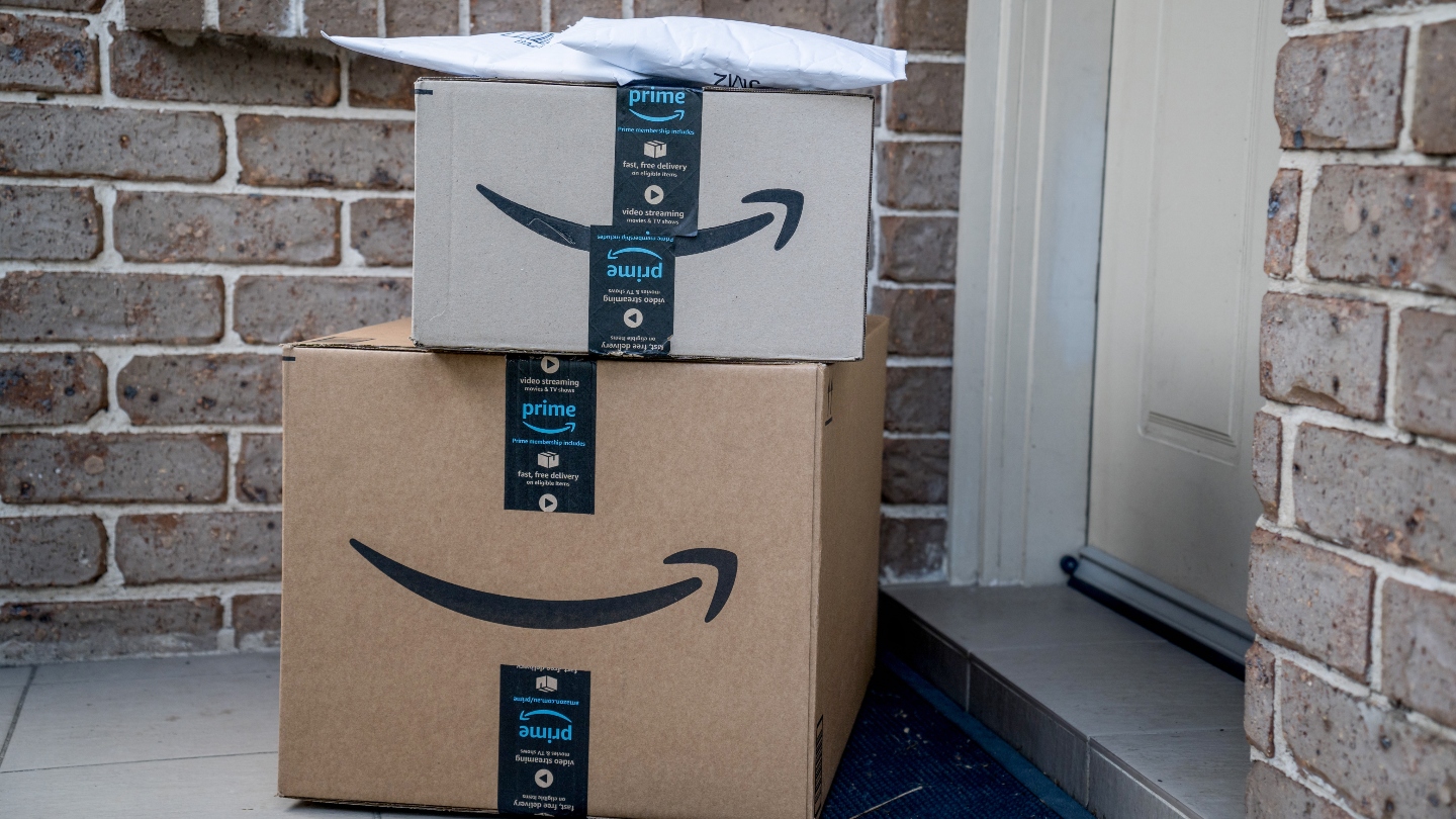 Two boxes from Amazon on a doorstep