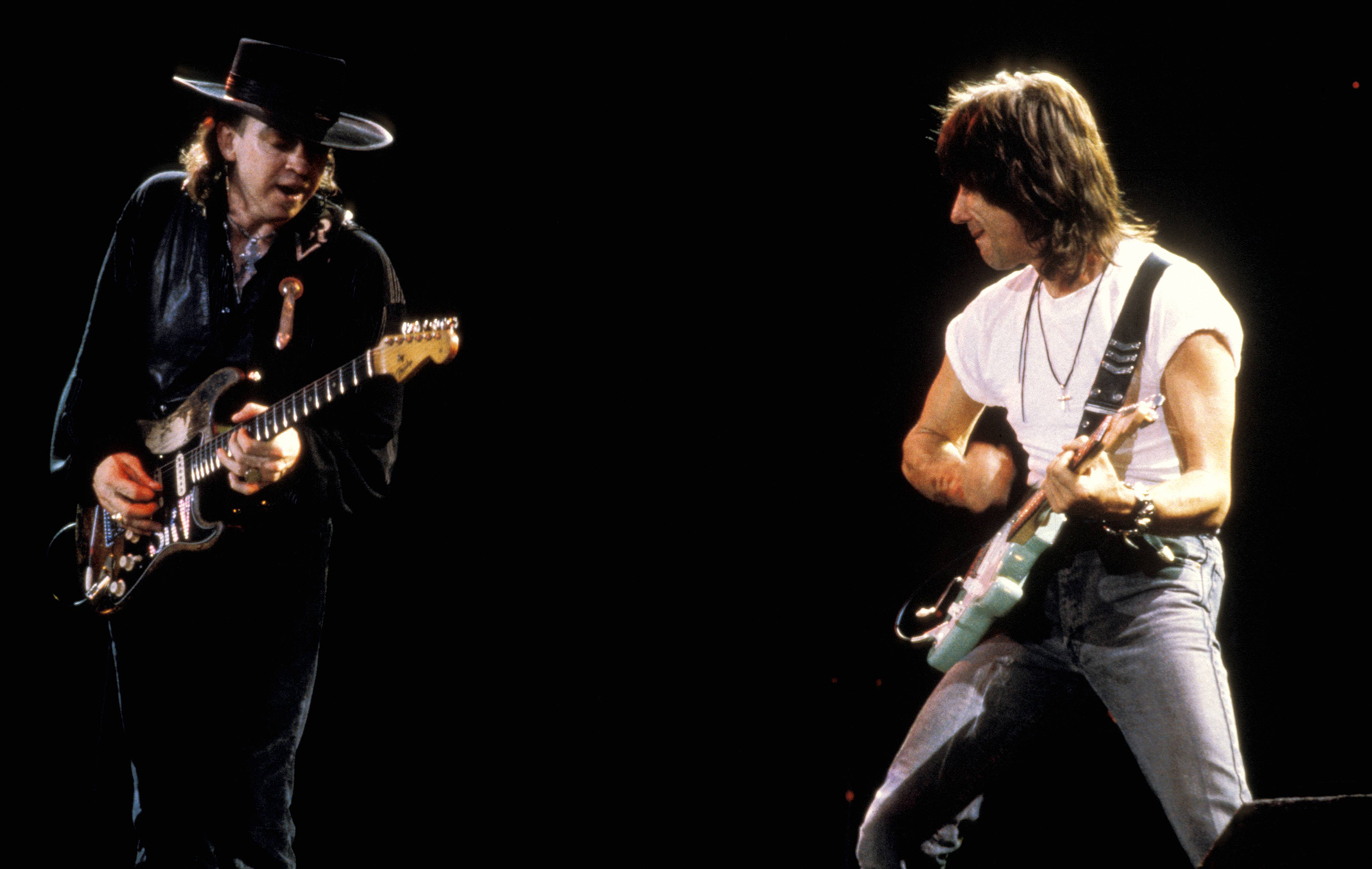 Stevie Ray Vaughan and Jeff Beck photographed in 1989 for their joint Fire Meets the Fury tour