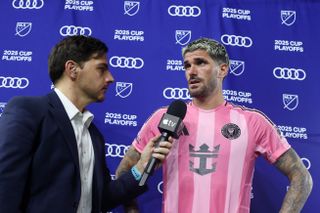 FORT LAUDERDALE, FLORIDA - OCTOBER 24: Rodrigo De Paul #7 of Inter Miami CF talks to the media after the 2025 MLS Cup Playoff match between Inter Miami CF and Nashville SC at Chase Stadium on October 24, 2025 in Fort Lauderdale, Florida. (Photo by Leonardo Fernandez/Getty Images)