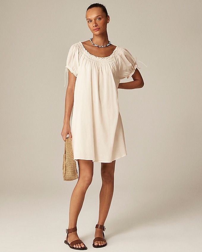 Smocked Puff-Sleeve Mini Dress in Cotton Voile