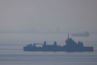 A ship heads towards the Bab-el-Mandeb strait on January 20, 2024 in Tadjoura, Djibouti