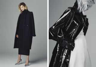 Two images showing models wearing a black coat
