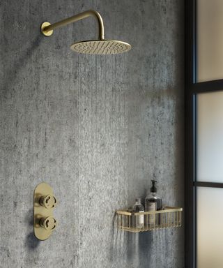 A shower with a small gold shower caddy and a gray wall