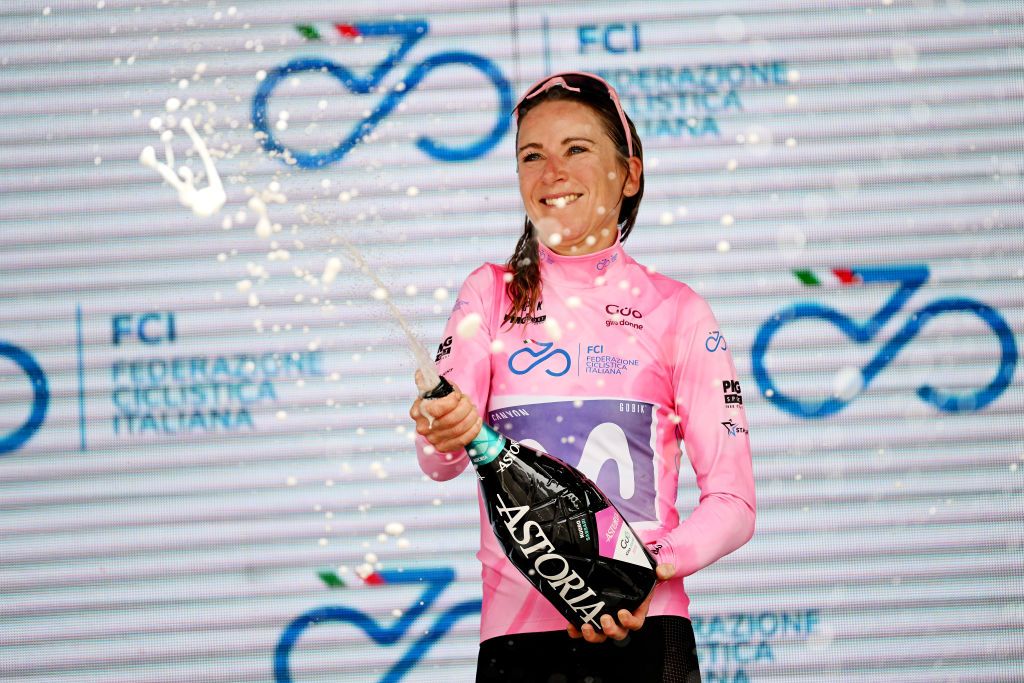 SASSARI ITALY JULY 08 Annemiek Van Vleuten of The Netherlands and Movistar Team Pink Leader Jersey celebrates at podium during the 34th Giro dItalia Donne 2023 Stage 8 a 1257km stage from Nuoro to Sassari UCIWWT on July 08 2023 in Sassari Italy Photo by Dario BelingheriGetty Images