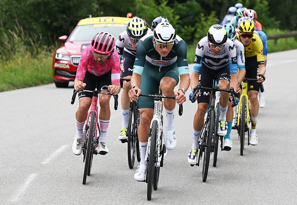 PLATEAU DU MONT-CENIS, FRANCE - JUNE 15: (L-R) Ben Healy of Ireland and Team EF Education - EasyPost, Mathieu van der Poel of Netherlands and Team Alpecin - Deceuninck - Green points jersey and Enric Mas of Spain and Team Movistar compete in the breakaway during the 77th Criterium du Dauphine 2025, Stage 8 a 133.3km stage from Val-d'Arc to Plateau du Mont-Cenis 2095m / #UCIWT / on June 15, 2025 in Plateau du Mont-Cenis, France.