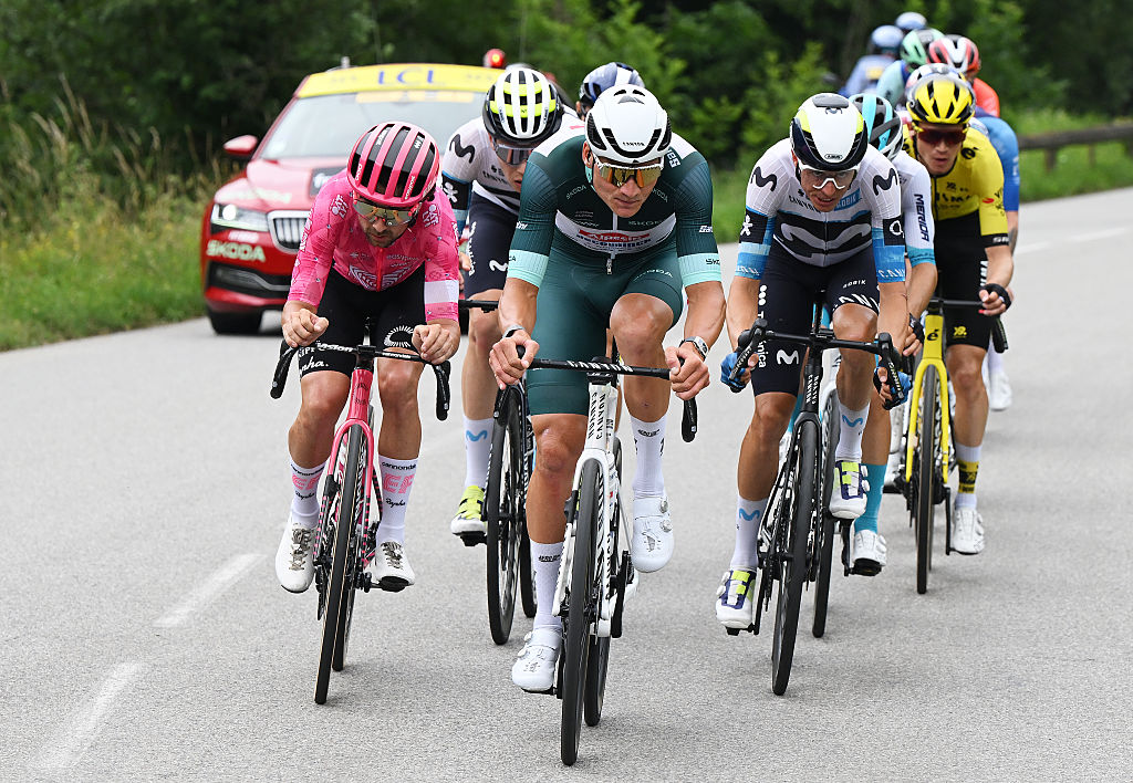 PLATEAU DU MONT-CENIS, FRANCE - JUNE 15: (L-R) Ben Healy of Ireland and Team EF Education - EasyPost, Mathieu van der Poel of Netherlands and Team Alpecin - Deceuninck - Green points jersey and Enric Mas of Spain and Team Movistar compete in the breakaway during the 77th Criterium du Dauphine 2025, Stage 8 a 133.3km stage from Val-d'Arc to Plateau du Mont-Cenis 2095m / #UCIWT / on June 15, 2025 in Plateau du Mont-Cenis, France.