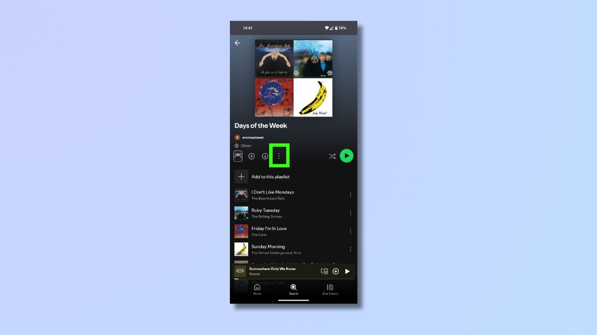 Screenshot showing how to reorder a Spotify playlist on phone - select 3 dots