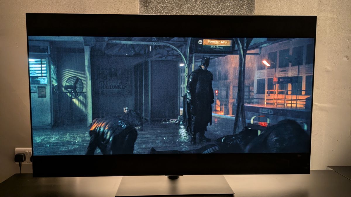 A shot of the subway fight scene from The Batman in Dolby Vision Cinema Home mode in ambient lighting conditions