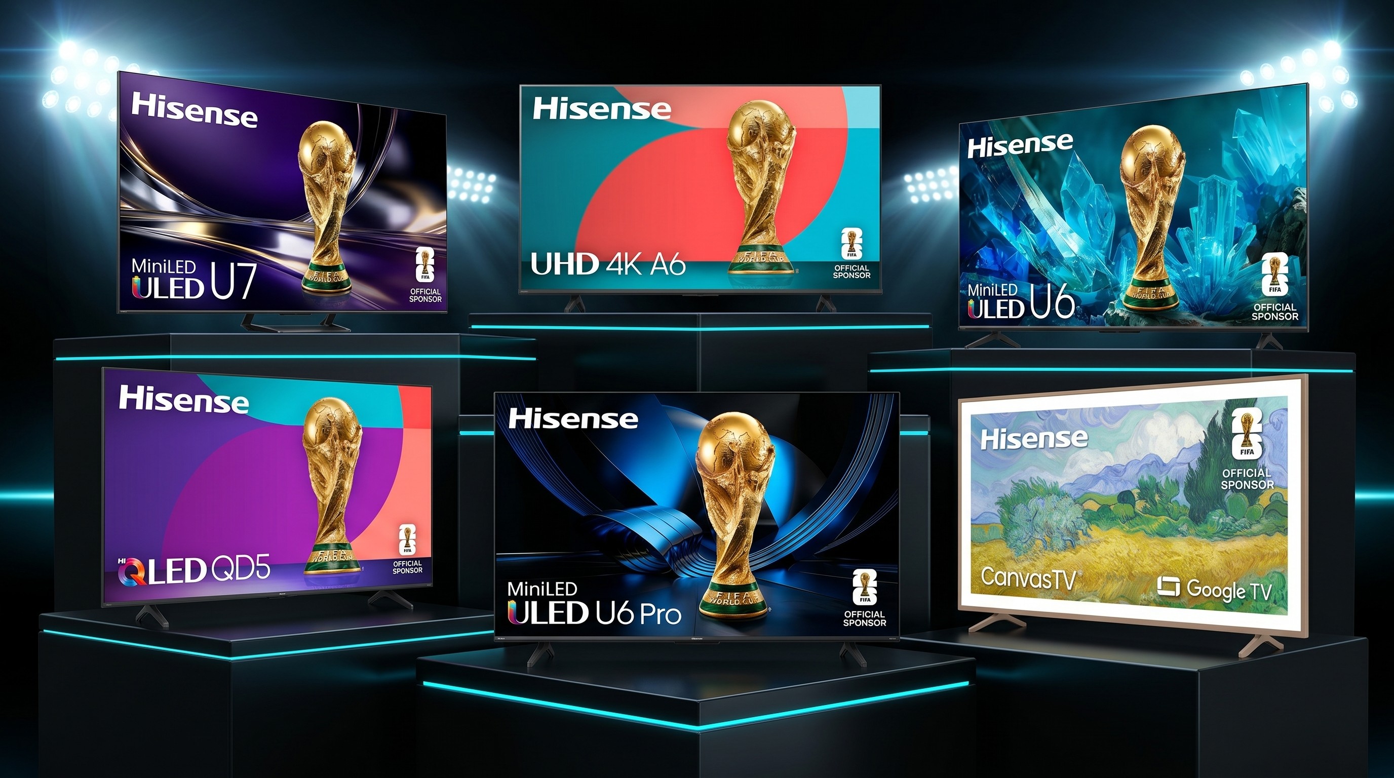 A set of six Hisense TVs arranged on black podiums