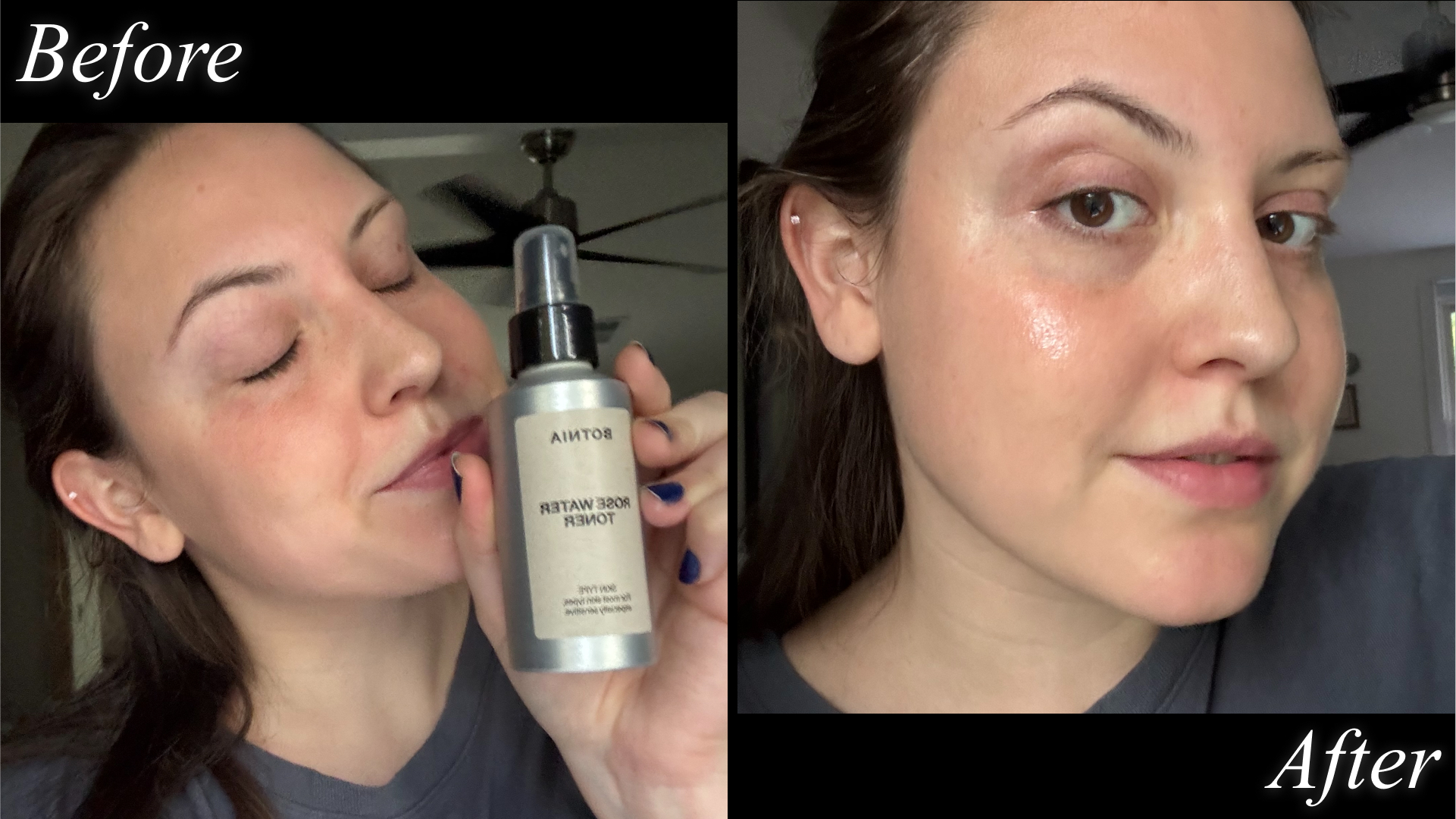 Sophia Vilensky pictured before and after testing Botnia&#039;s Rose Water Toner.