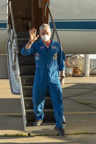 NASA astronaut Mark Vande Hei soon after landing in Houston, Texas after landing in Kazakstan after a return from a nearly year-long mission in space.