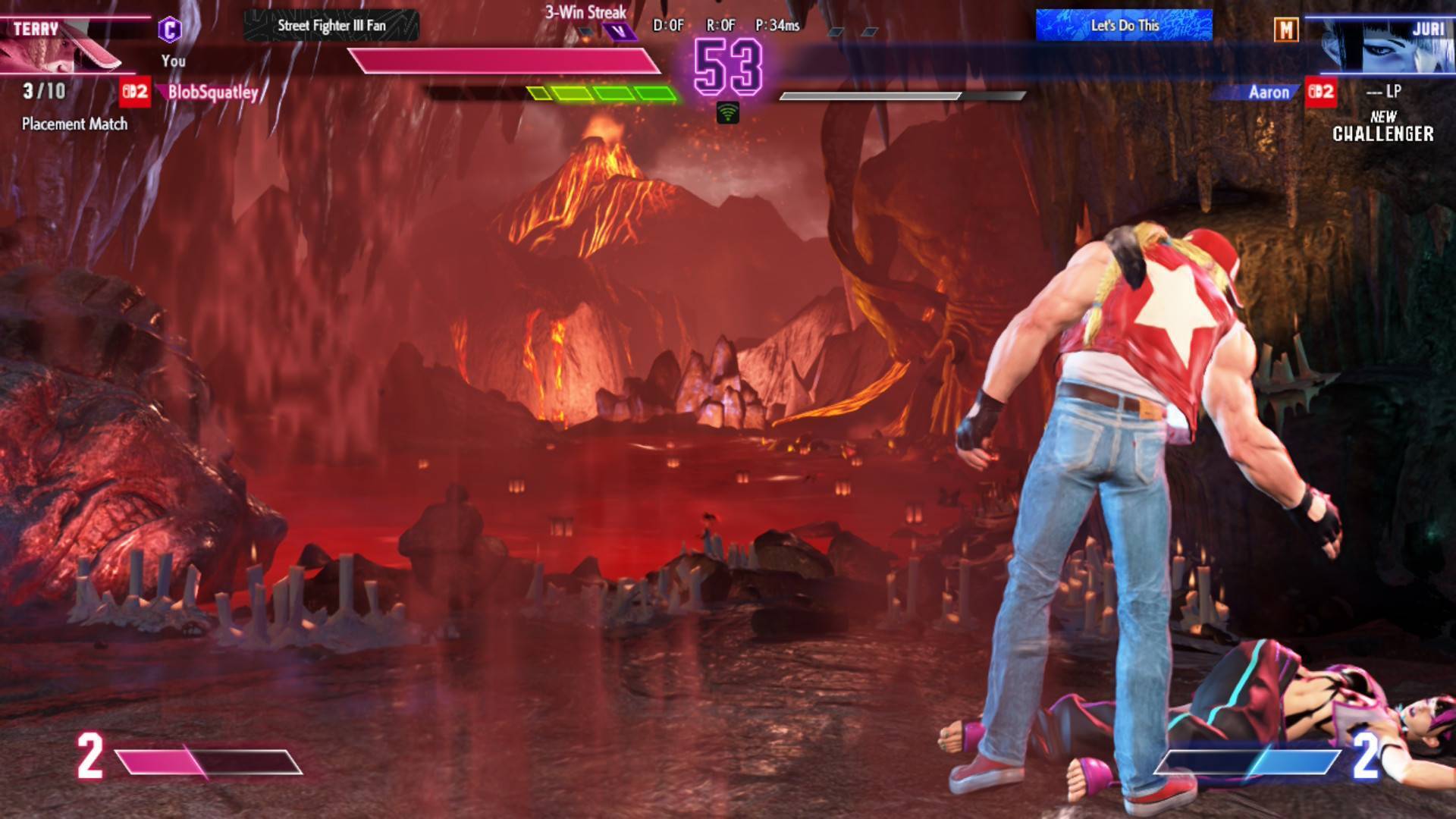 Street Fighter 6 screenshot on Switch 2 of Terry Bogard taunting a downed Juri
