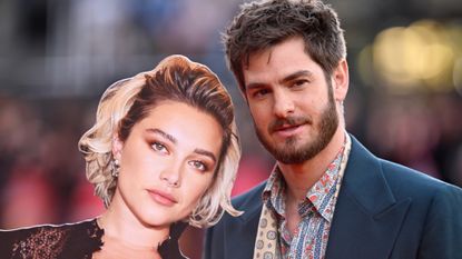 Andrew Garfield posing with a cardboard cutout of Florence Pugh