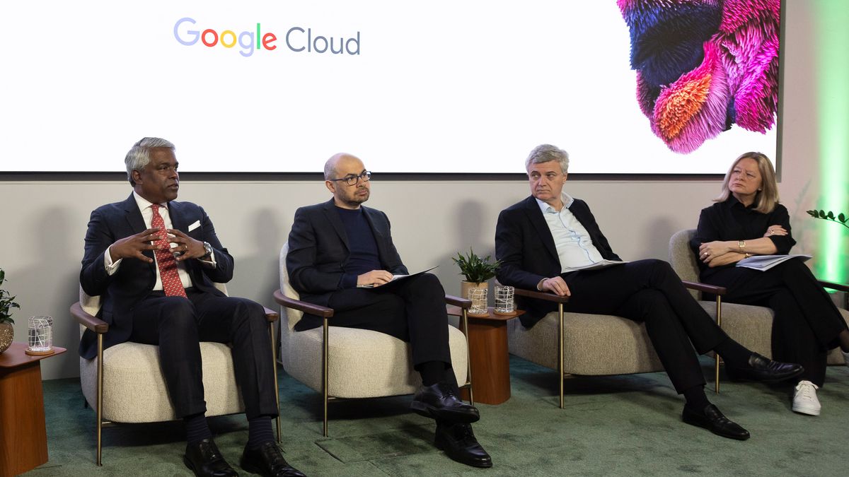 Thomas Kurian, CEO at Google Cloud, sat next to Demis Hassabis, CEO at Google DeepMind, Mark Read, CEO at WPP, and Allison Kirkby, CEO at BT Group, at the Gemini for the United Kingdom live event held at the Google DeepMind HQ in London.