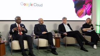 Thomas Kurian, CEO at Google Cloud, sat next to Demis Hassabis, CEO at Google DeepMind, Mark Read, CEO at WPP, and Allison Kirkby, CEO at BT Group, at the Gemini for the United Kingdom live event held at the Google DeepMind HQ in London.