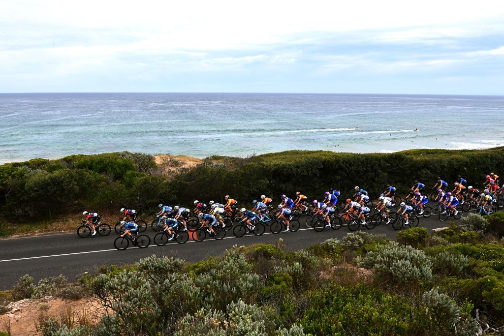 GEELONG AUSTRALIA JANUARY 28 A general view of the peloton competing in Thirteenth beach during the 7th Cadel Evans Great Ocean Road Race 2023 Womens Elite a 1408km one day race from Geelong to Geelong CadelRoadRace UCIWWT on January 28 2023 in Geelong Australia Photo by Tim de WaeleGetty Images