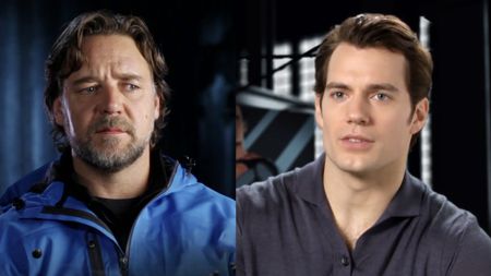 Russell Crowe in Blue zip up jacket, Henry Cavill in Gray collar shirt, both in the behind the scenes featurette for Man of Steel (2013).