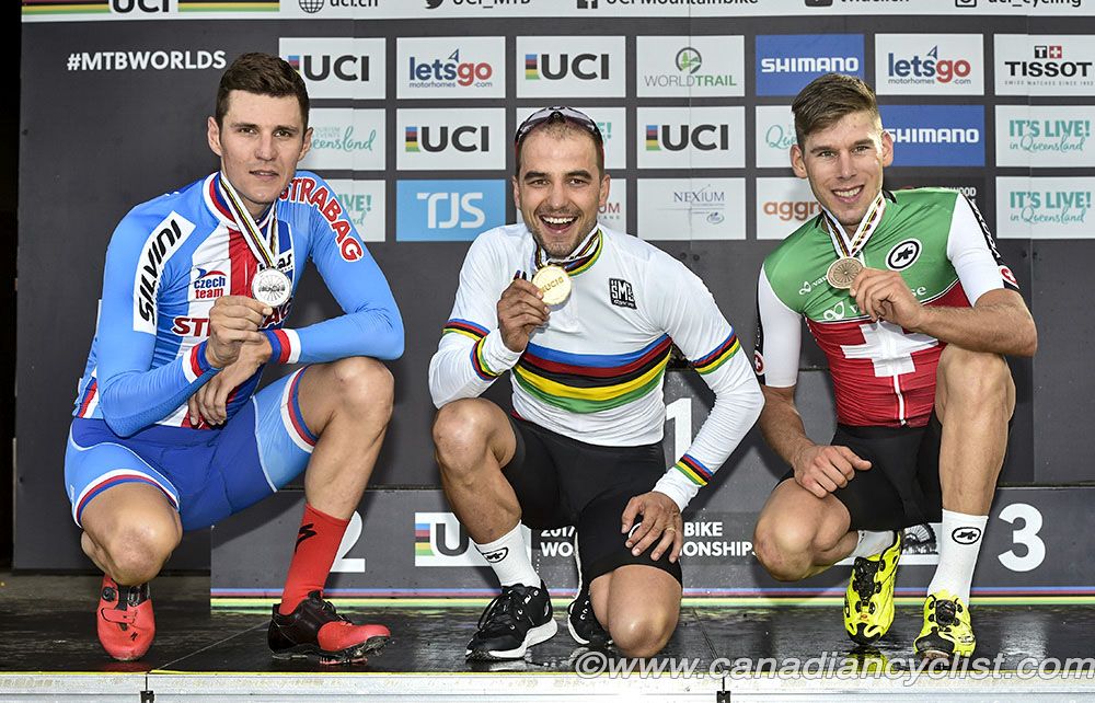 Jaroslav Kulhavy of the Czech Republic took silver and Thomas Litscher of Switzerland flank new world champion Nino Schurter