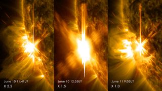 Three X-class flares erupted from the left side of the sun June 10-11, 2014. These images are from NASA's Solar Dynamics Observatory and show light in a blend of two ultraviolet wavelengths: 171 and 131 angstroms. 