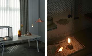 The photo to the left shows a white wood table with lanterns and different decorations on it, with cooper light fixtures coming low from the ceiling. The photo to the right shows a detail of a turned on light bulb on the table.