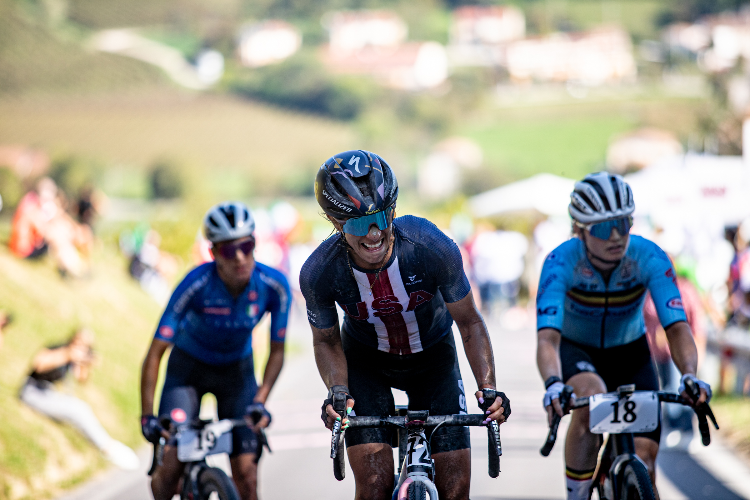 Sarah Sturm (USA) in the women's elite race at the 2023 Gravel World Championships in Italy on Saturday October 7