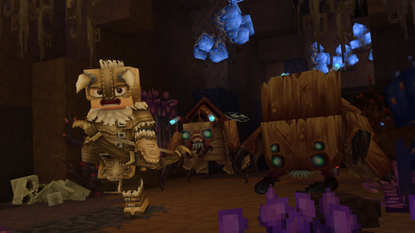 Hytale warrior in leather armor runs from spiders in cave