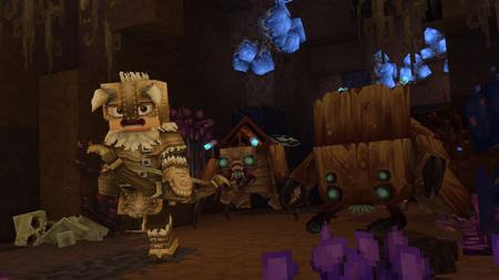 Hytale warrior in leather armor runs from spiders in cave