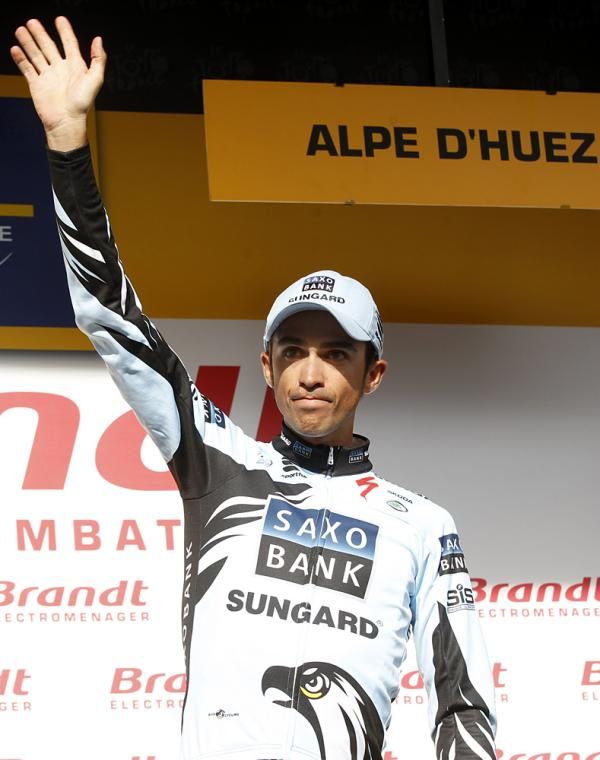 Alberto Contador's only podium appearance in this year's Tour was a most aggressive rider prize on the Alpe d'Huez stage.