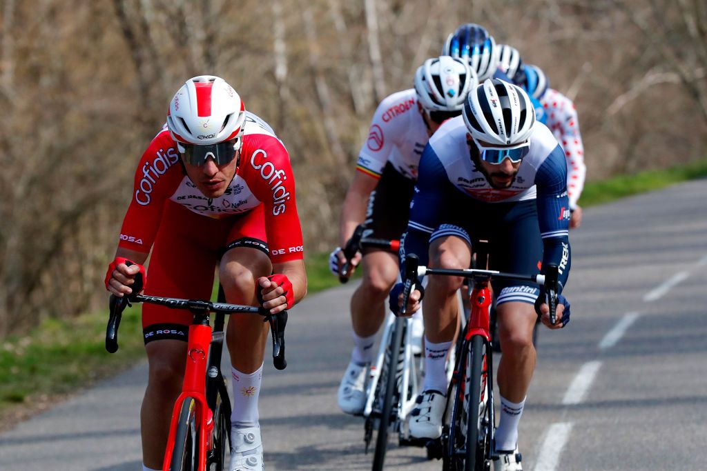 CHIROUBLES FRANCE MARCH 10 Anthony Perez of France and Team Cofidis Julien Bernard of France and Team Trek Segafredo during the 79th Paris Nice 2021 Stage 4 a 1875km stage from ChalonSurSane to Chiroubles 702m Breakaway ParisNice on March 10 2021 in Chiroubles France Photo by Bas CzerwinskiGetty Images