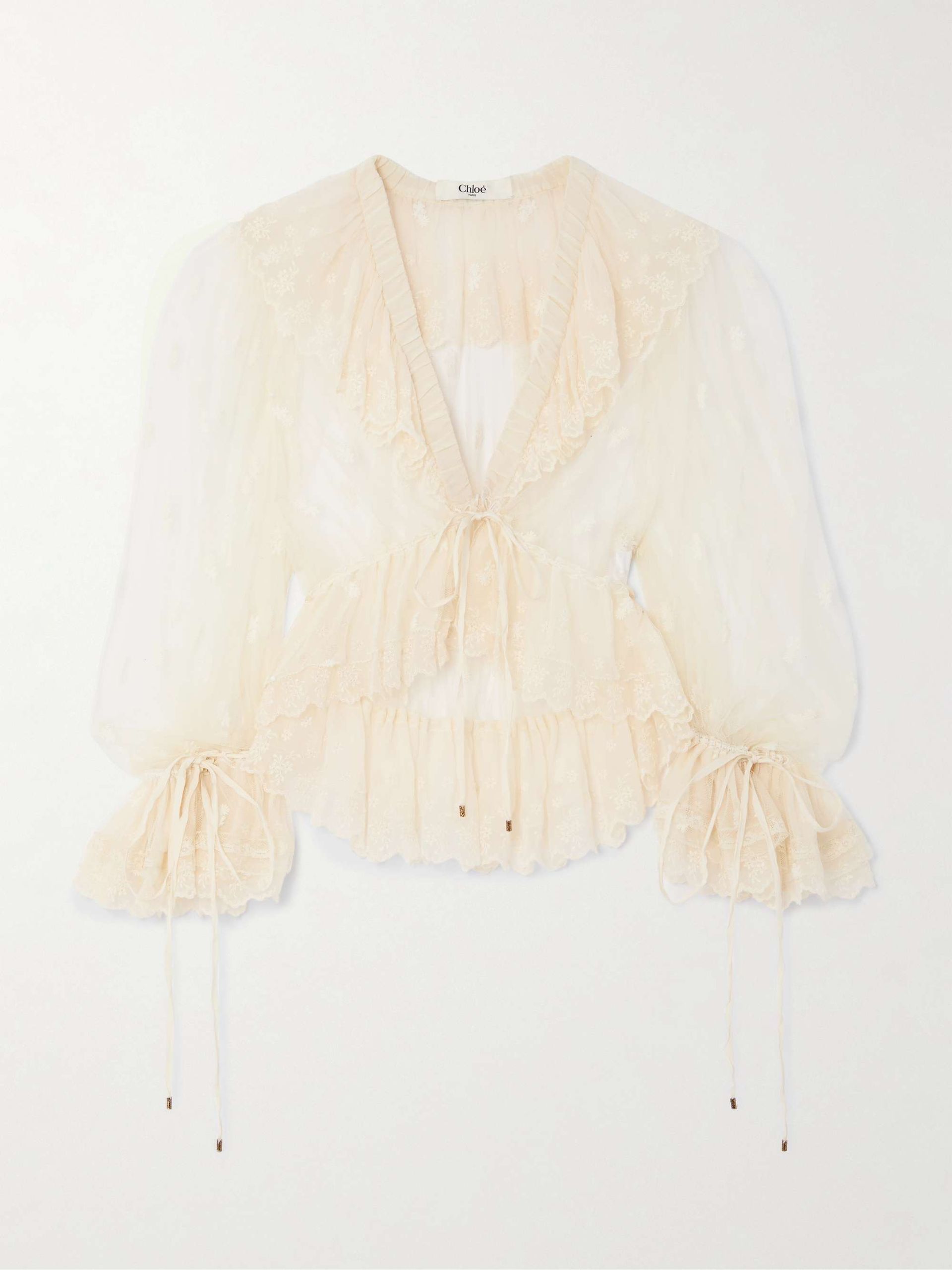 Ruffled Embroidered Mesh Blouse