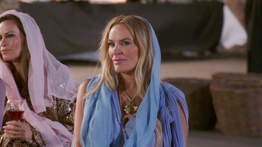 Heather Gay with her head wrapped watching the Greek Tragedy on RHOSLC