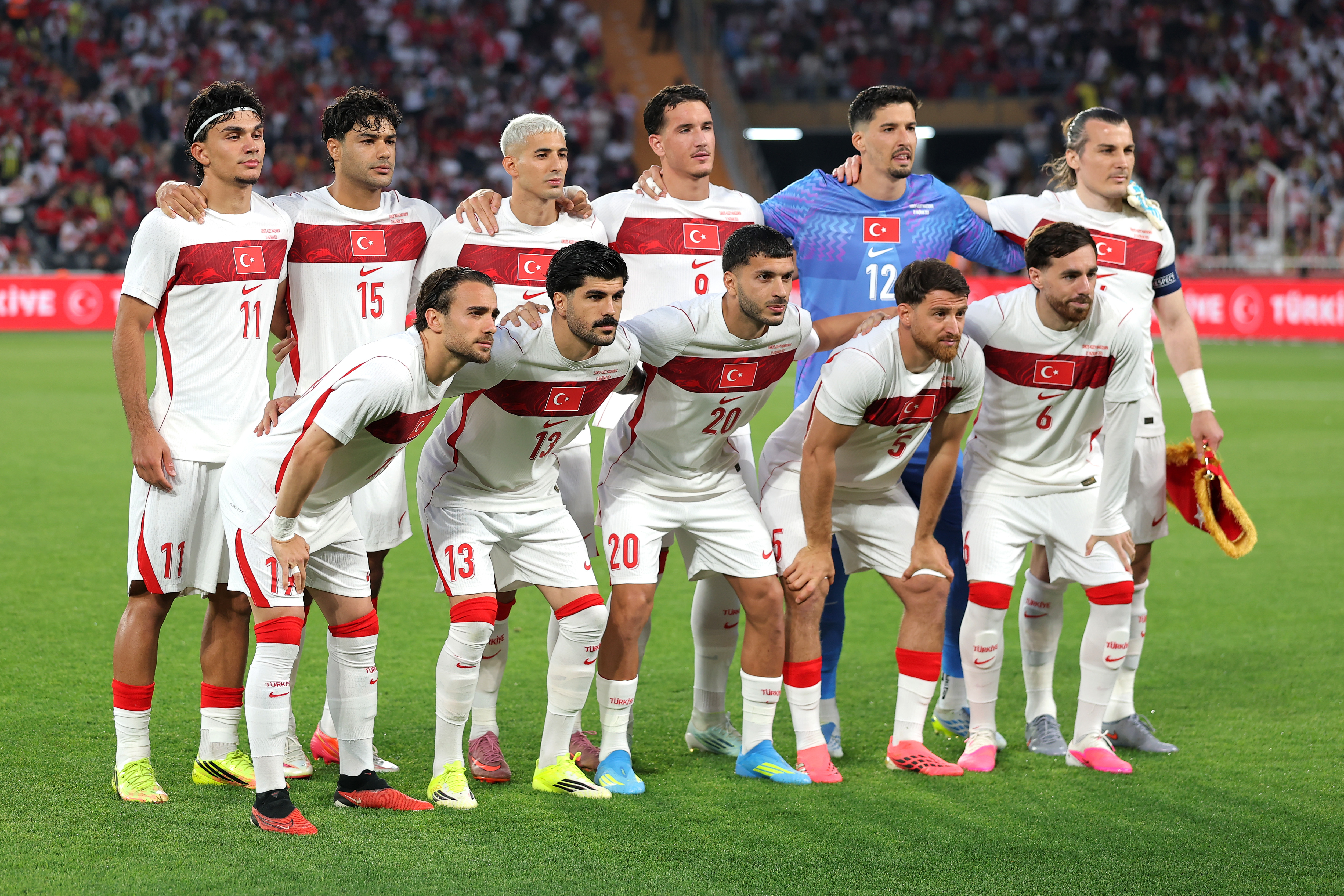 ISTANBUL, TURKEY - JUNE 1: Teamphoto of Turkiye standing Can Uzun of Turkiye, Ozan Kabak of Turkiye, Mert Muldur of Turkiye, Deniz Gul of Turkiye, Altay Bayindir of Turkiye, Caglar Soyuncu of Turkiye, second row Yunus Akgun of Turkiye, Eren Elmali of Turkiye, Oguz Aydin of Turkiye, Salih Ozcan of Turkiye, Orkun Kokcu of Turkiye during the International Friendly match between Turkiye and North Macedonia at Chobani Stadyumu Fenerbahce Sukru Saracoglu Spor Kompleksi on June 1, 2026 in Istanbul, Turkey. (Photo by BSR Agency/Getty Images)
