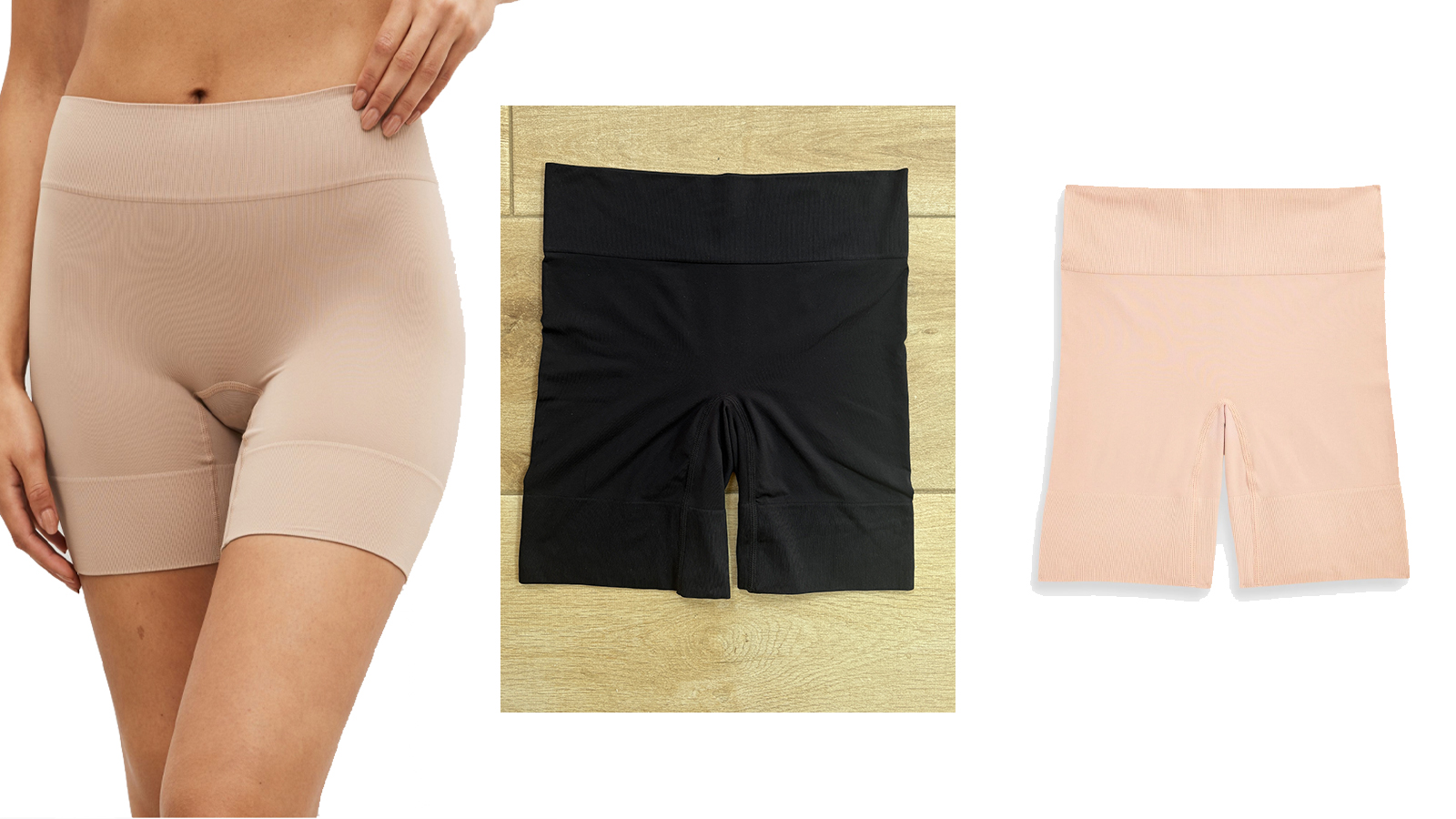 composite image of a model wearing anti-chafe shorts from Next and cut out imagery