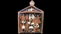 An ancient Greek painting of people doing an Eleusinian ritual. It's on a piece of wood that looks like a house. 