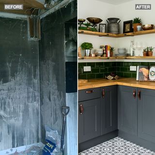 kitchen makeover dark grey cabinets and palm print wallpaper and green accents